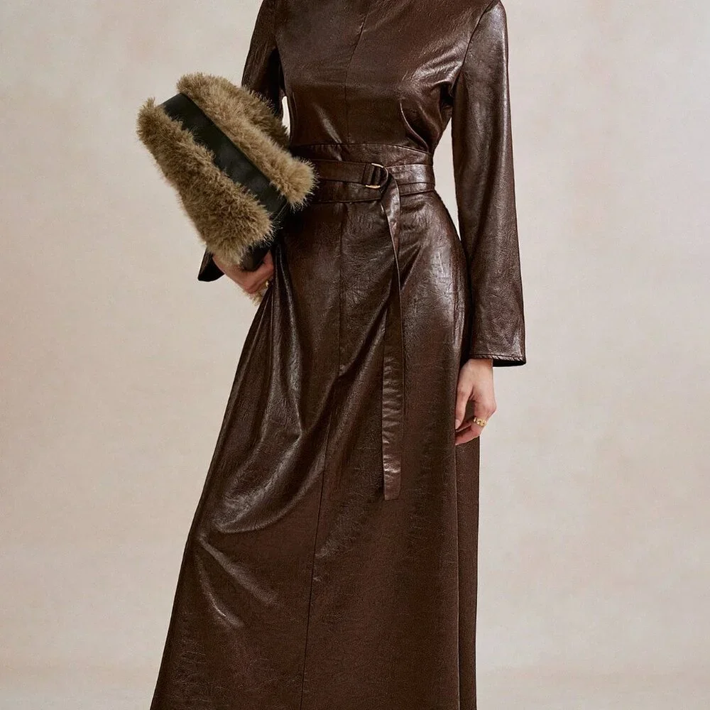 Brown Bohemian Women's Maxi Dress with Round Neck, Cinched Waist, Belt Detail - Picture 3 of 6